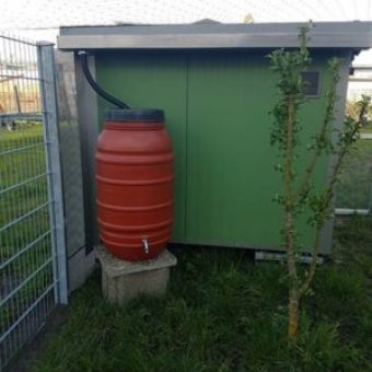 Wasser von der Regenrinne des Huehnerstalls sammeln